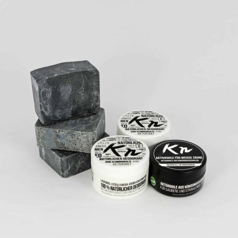 Karbonoir brennende Leidenschaft - Paket mit 3x schwarzer Seife, 2x Deo ohne Aluminium und 1x Aktivkohle für weiße Zähne
